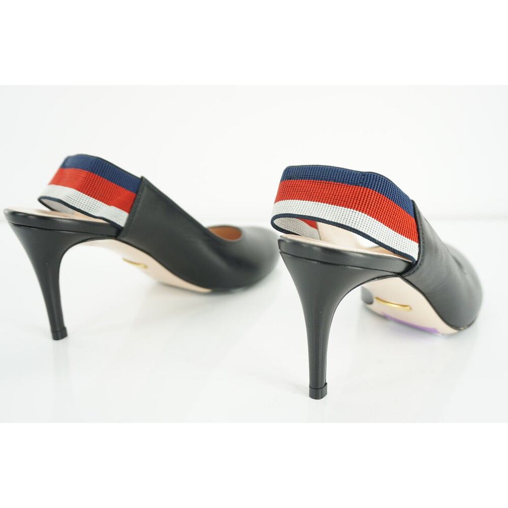 Gucci Sylvie Black Leather Web Strap Pointed Toe Slingback Pumps Size 35 $695 - Picture 5 of 9
